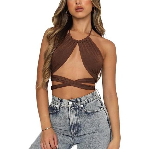 Brown Multi Way Wrap Halter Crop Top Backless Sexy Cutout Bandage Y2K Top - Picture 3 of 5